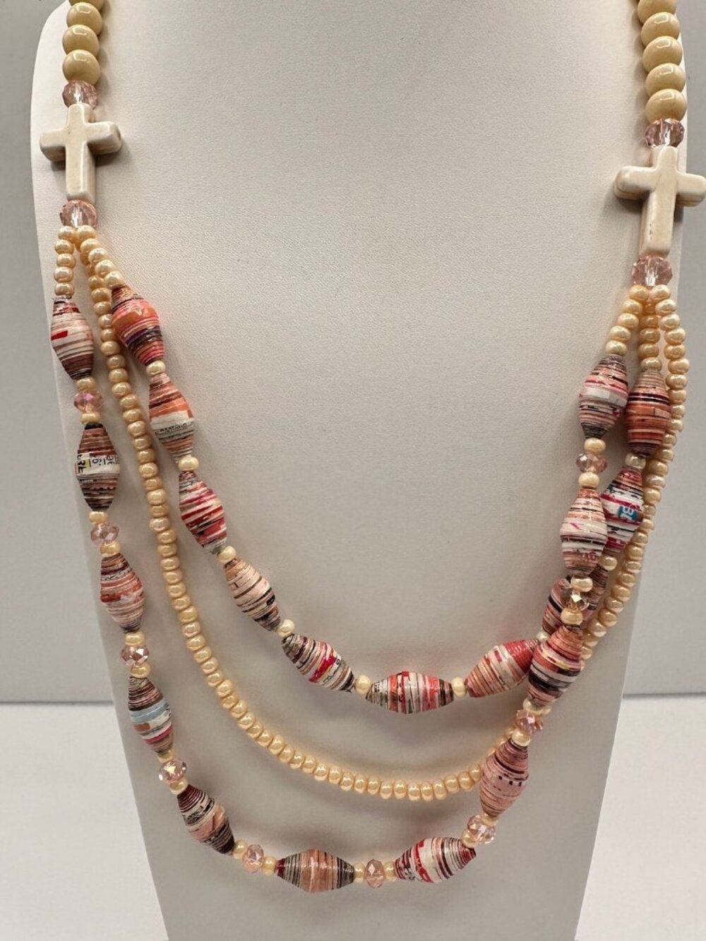 Vintage 90s Multi-Strand Necklace Paper Beads Cream Cross Religious Boho Jewelry